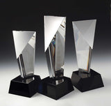 encore crystal award customizable with texts and logos, crystal clear glass award with triangle shape, great for employee appreciation, gifts for executives