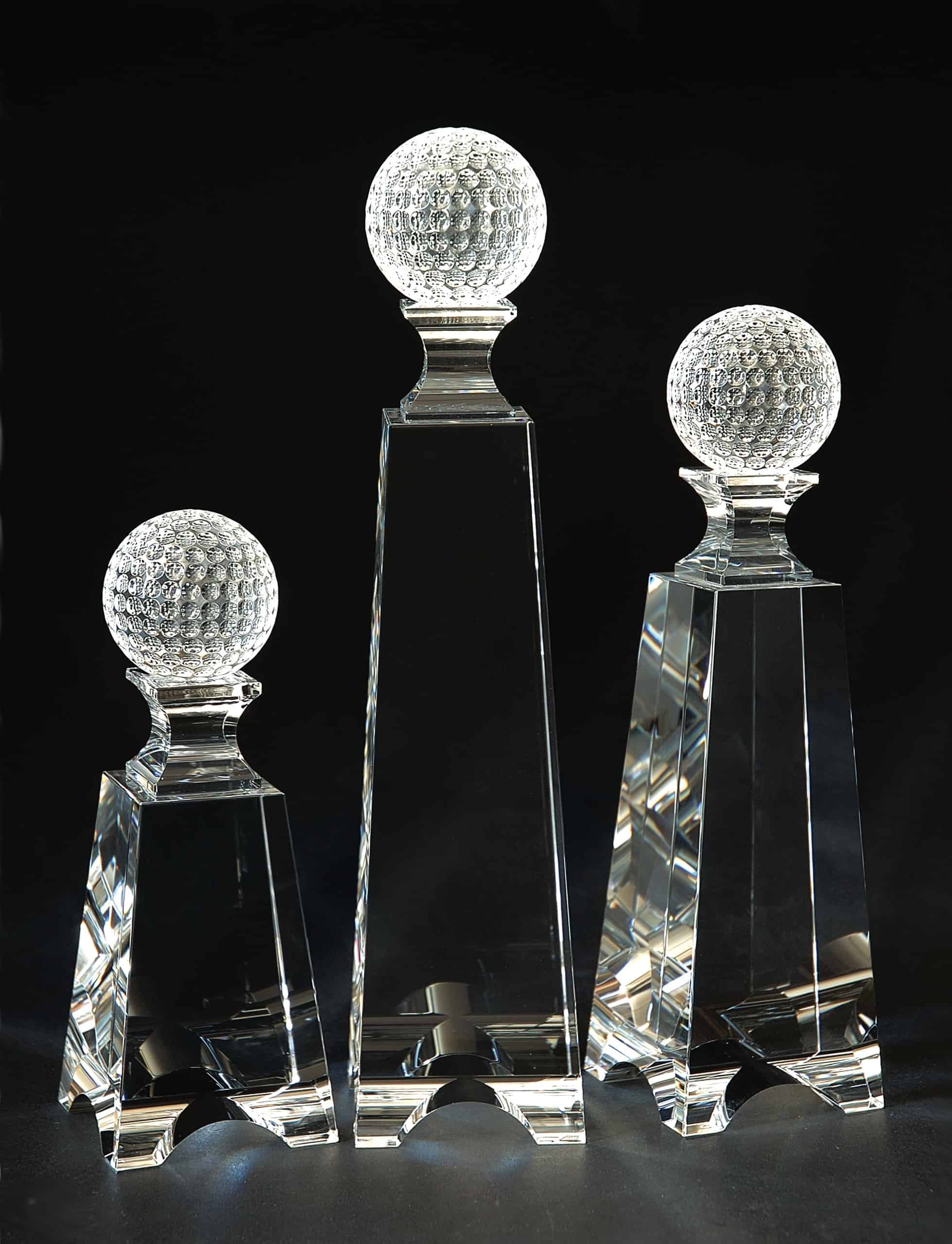 golf tournament tower award, crystal golf ball on tower with legs customizable with texts and logos