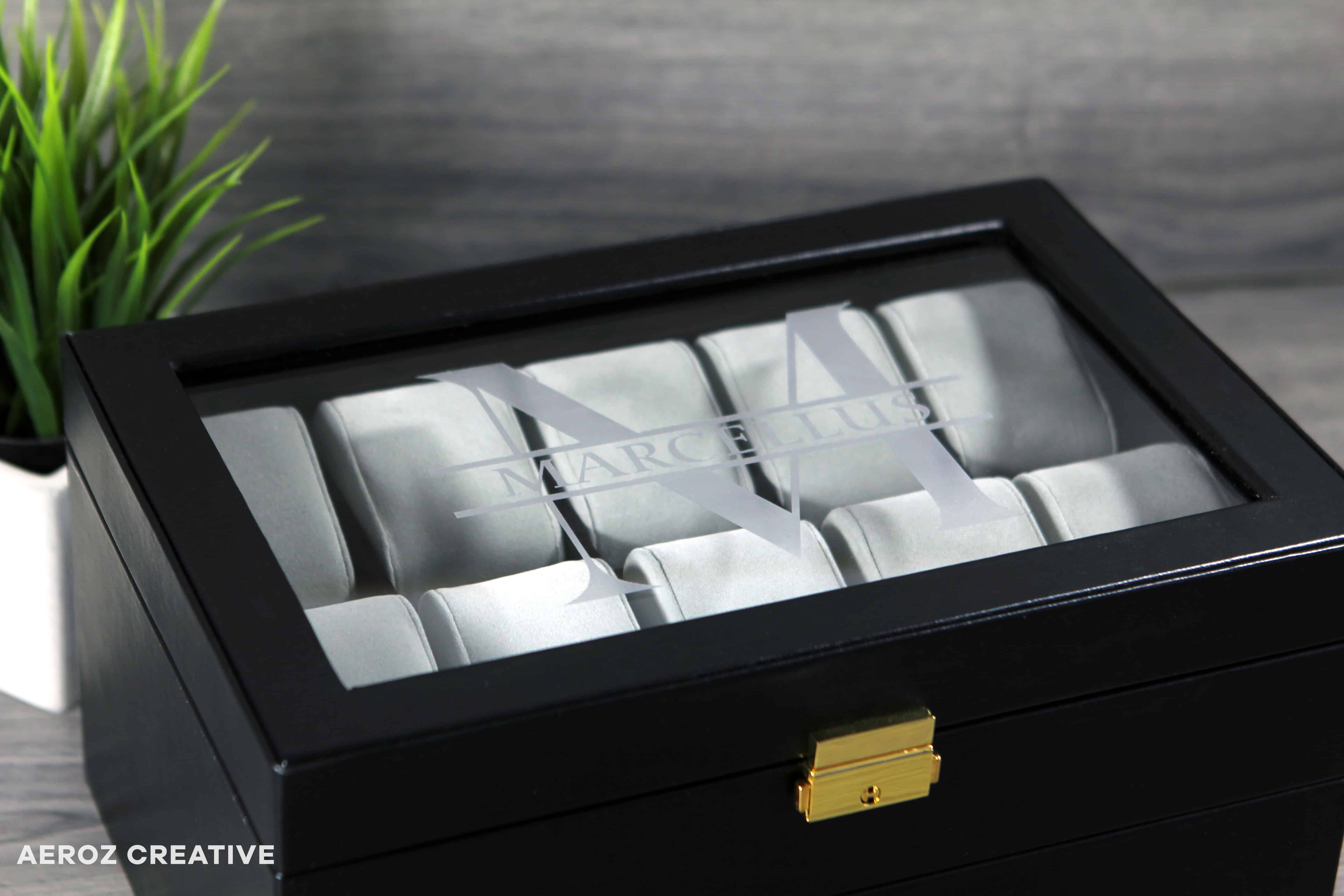 Marcellus custom name engraved watch box holds 20 watches