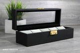black leather watch box custom engraved holds 5 watches with grey suede pillows