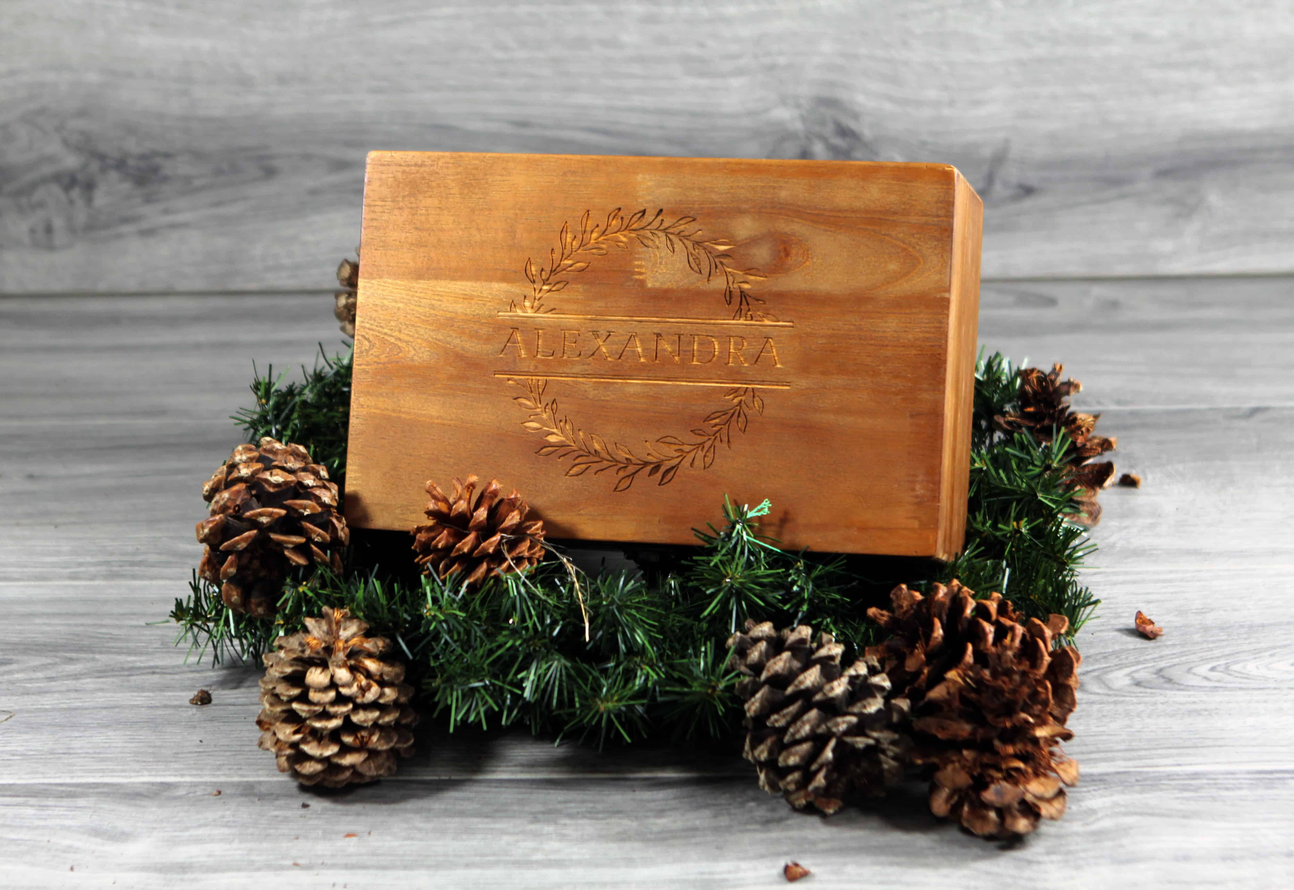 custom laser engraved name on wooden essential oil storage box
