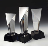 encore crystal award customizable with texts and logos, crystal clear glass award with triangle shape, great for employee appreciation, gifts for executives 