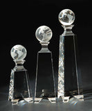 Century Globe Crystal Tower Award, Globe on top of crystal pillar customizable with texts and logos
