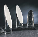 liberty crystal tower award, oval shaped tower made from clear glass crystal customizable with texts and logos