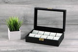 griffin ten slot watch box, black leather watch box with 10 spaces and grey pillows with gold buckle