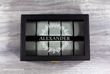 custom engraved ten slot watch box made from black leather and grey suede pillows